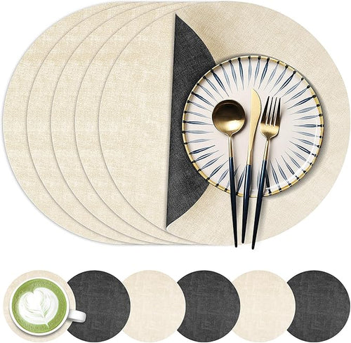 13-Inch Faux Leather Round Placemats Set of 6, Waterproof Anti-Slip Dual Sided by Fyvva