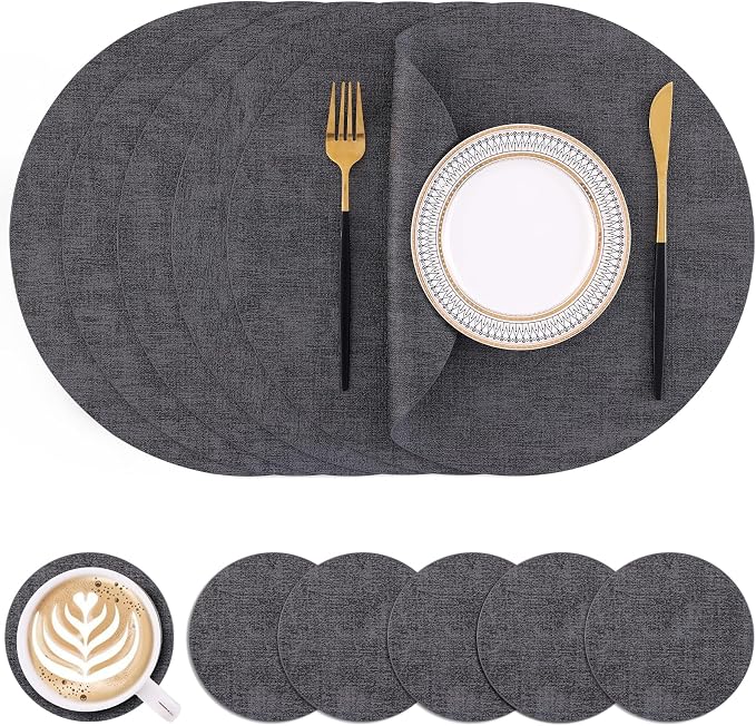 Homaxy Round Faux Leather Placemats and Coasters, Washable Dual-Side Table Mats by Homaxy