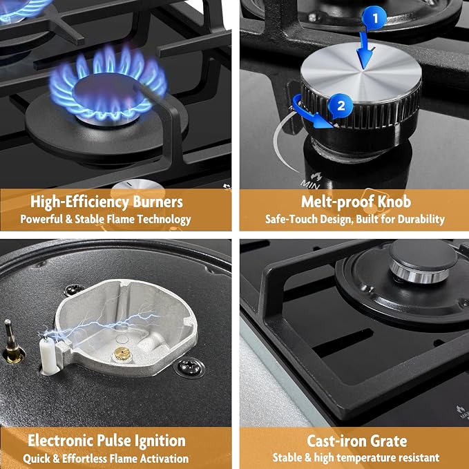 2 Burner Gas Cooktop, 12 Inch Built-in Propane/LPG/NG Dual Fuel Stove, - Image 3