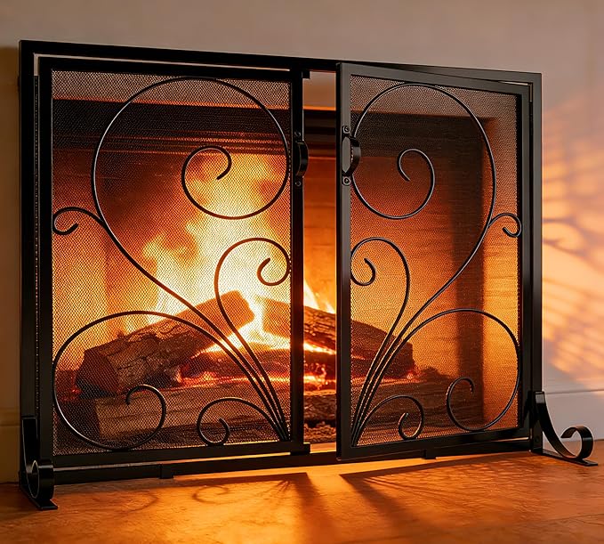 Flat Fireplace Screen with Doors, Solid Wrought Iron Frame with Metal Mesh by Calidola