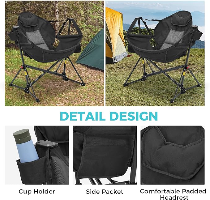 Camping Chair Hammock Rocker, Adjustable Recline, Black Polyester