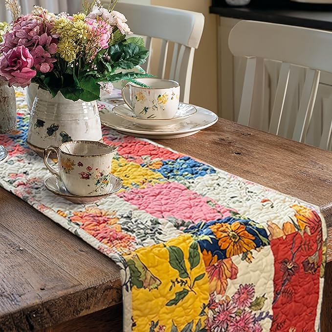 Cotton Quilted Floral Patchwork Table Runner 72 Inches Long – Handmade by ArtPineconeHome