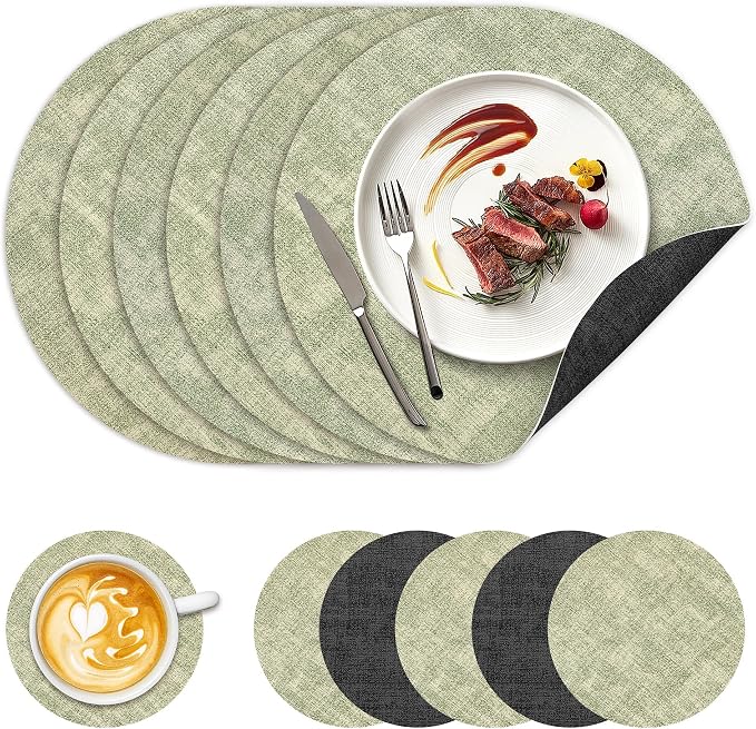 13" Round Placemats Set of 6, NCUE Dual-Sided Faux Leather Heat Resistant Table by NCUE