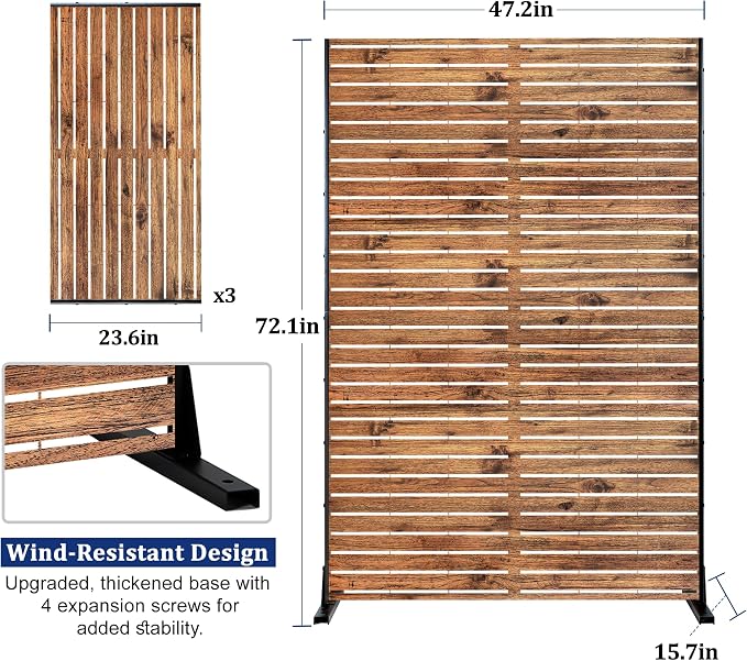 Metal Privacy Screen Outdoor 72" H×47" W Natural Wood Brown Patio Privacy Screen - Image 3