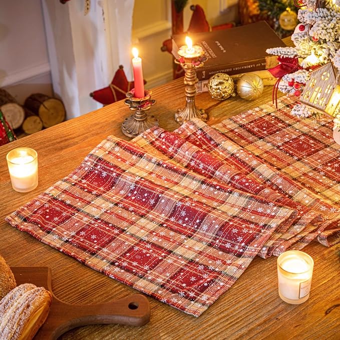Red Plaid Snowflake Christmas Table Runner, Winter Holiday Table Runners 72 - Image 6