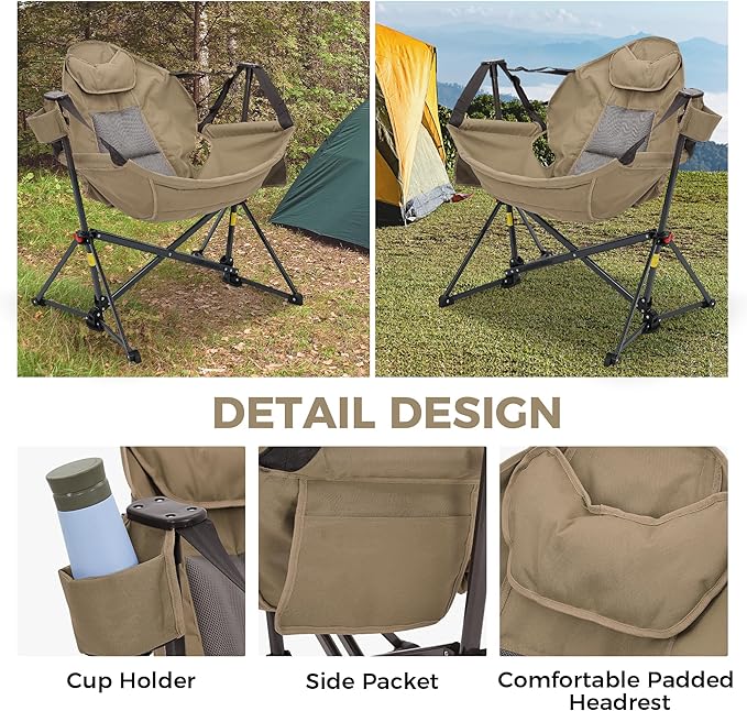 Camping Chair, Adjustable Recline, Foldable Polyester, Brown