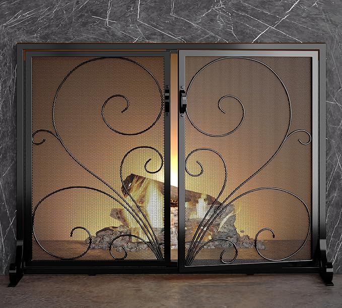 Flat Fireplace Screen with Doors, Solid Wrought Iron Frame with Metal Mesh - Image 8