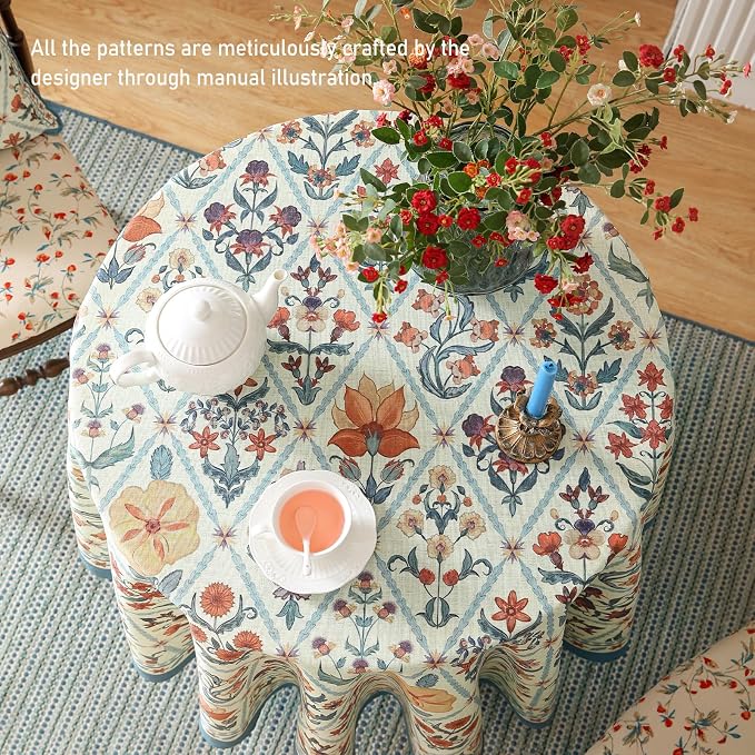 ISAENNE Designer Linen Elegant Small Round Tablecloth, Colorful Floral Bohemian - Image 7