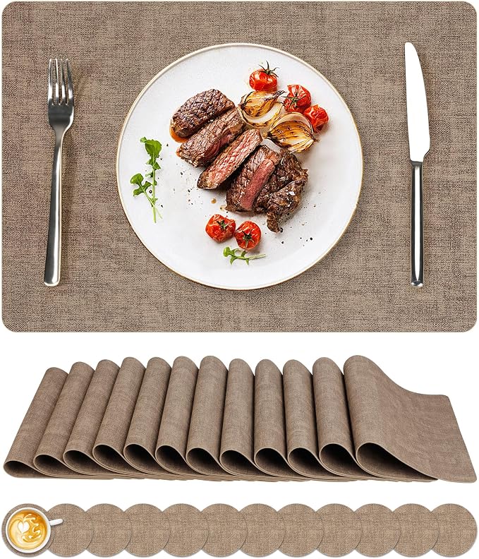 Vinyl Placemats Set of 12, Faux Leather Waterproof and Heat Resistant Place Mats by NCUE