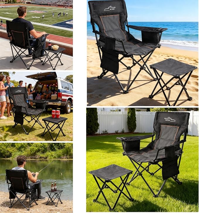 Camping Chair with Footrest, Padded Quad Fold Lounge Chair in Black