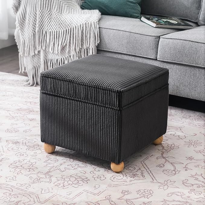 Adeco 17 Inch High Striped Flannel Black Cube Ottoman Storage, 3D Embossed by Adeco
