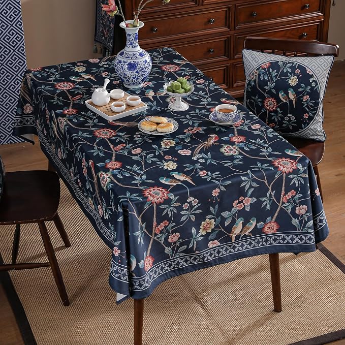 patdrea Designer Dark Blue Linen Rectangular Tablecloth, Vintage Navy French - Image 6