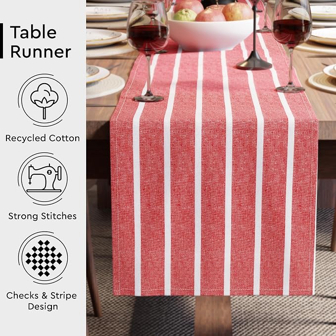 Encasa XO Cotton Dining Table Runner | Roma Red Stripes | Size 13x104 in - Image 3
