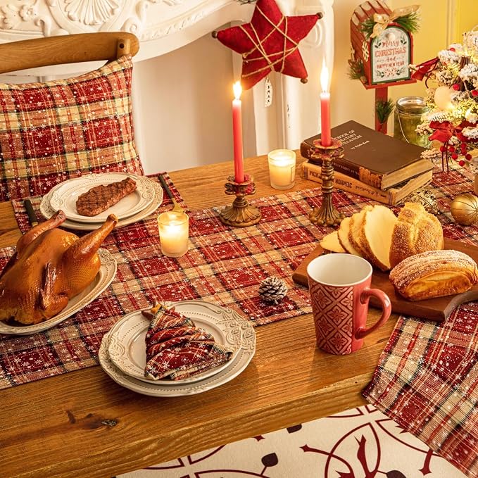 Red Plaid Snowflake Christmas Table Runner, Winter Holiday Table Runners 108 - Image 5