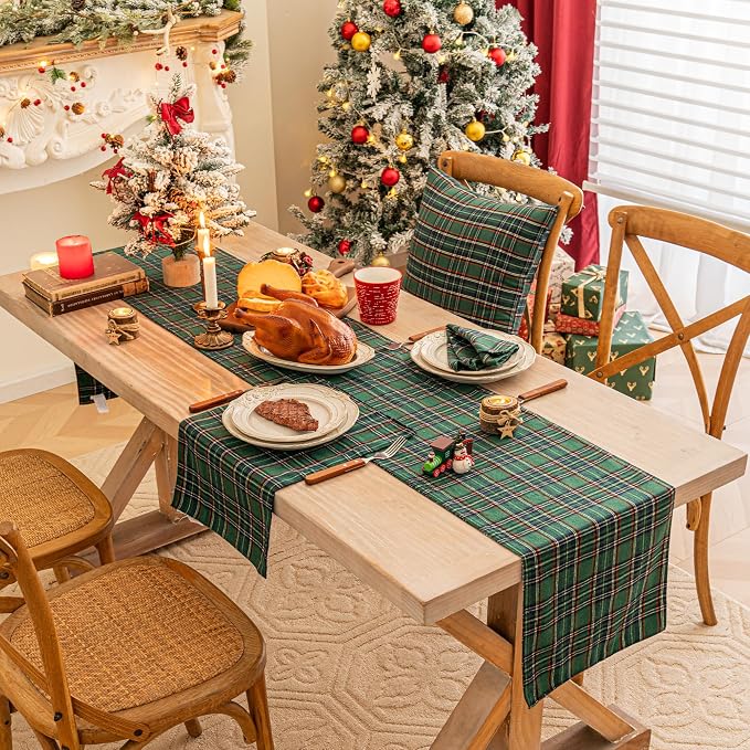 Green Blue Plaid Christmas Table Runner, Winter Holiday Table Runners 108 - Image 6