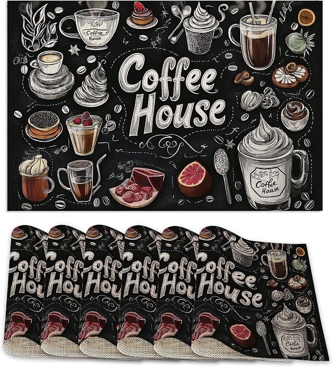 Coffee House Placemats Set of 6, Coffee Menu Table Mates Non-Slip Heat by ZTHLL