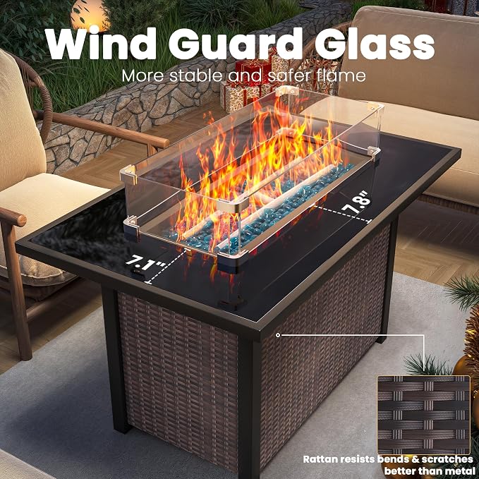 Propane Outdoor Fire Pit Table, Outdoor Gas FirePit W/Glass Wind Guard - Image 3