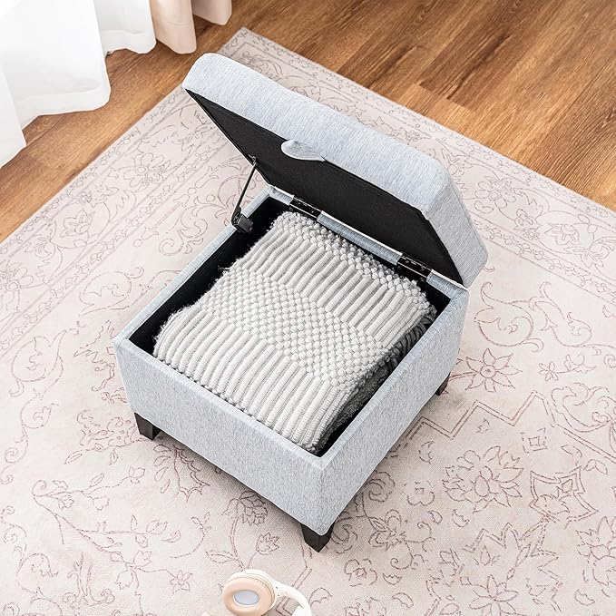 Adeco 18 Inch High Cube Ottoman Storage, Linen Chair Foot Stools, Upholstered - Image 4