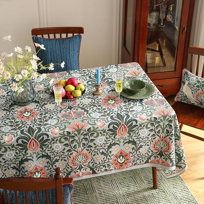 ISAENNE Designer Bohemian Linen Green Small Square Tablecloth, Floral Indoor - Image 8
