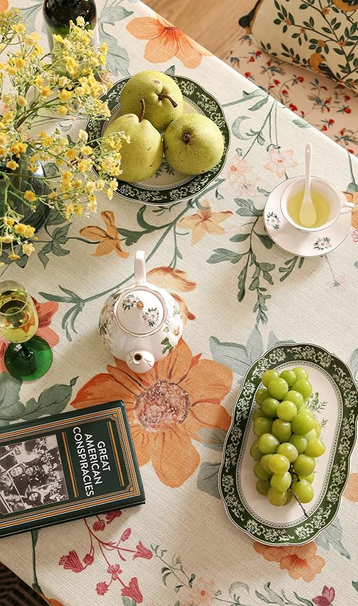 French Tablecloth for Rectangle Table, Linen Orange Floral Wrinkle Resistant - Image 5