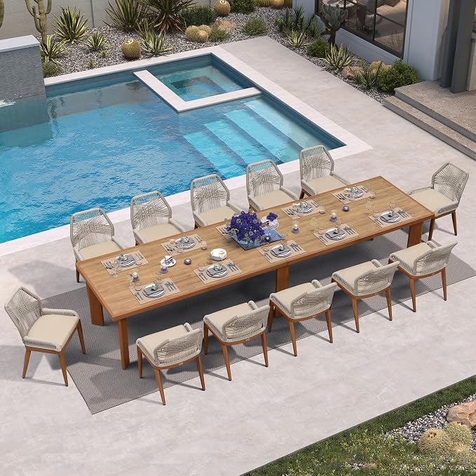 PURPLE LEAF 13 Pieces Patio Dining Set Aluminum Rectangular Table and Wicker by PURPLELEAF
