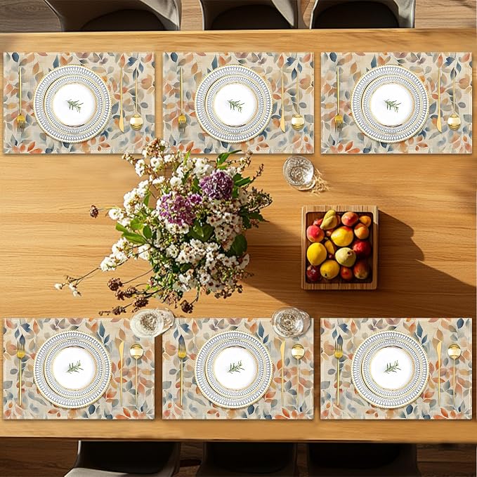Placemats Set of 6, Autumn Leaves Table Mats, Fall Colorful Washable Linen - Image 7