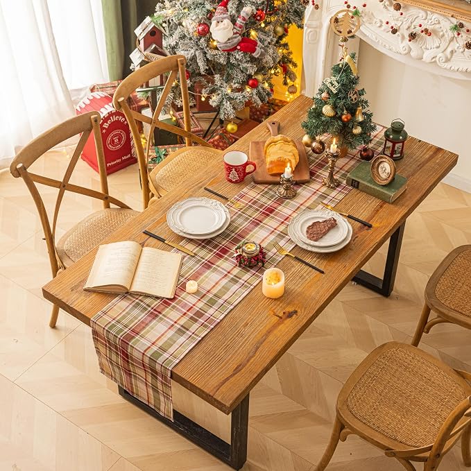 Beige Plaid Christmas Table Runner, Winter Holiday Table Runners 72 inches Long - Image 2