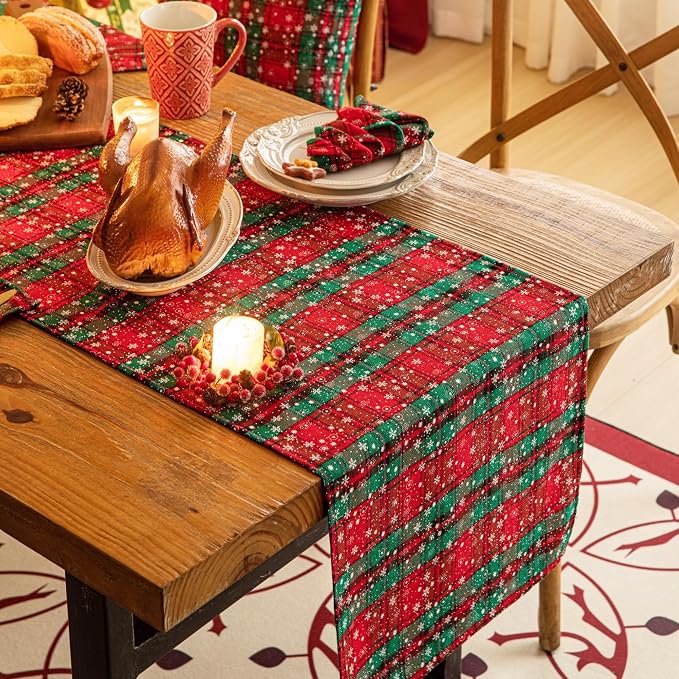 Green Red Plaid Snowflake Christmas Table Runner, Winter Holiday Table Runners - Image 2