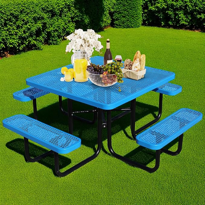 46" Square Picnic Table for Outside, Heavy Duty Metal Picnic Table Bench Set - Image 7