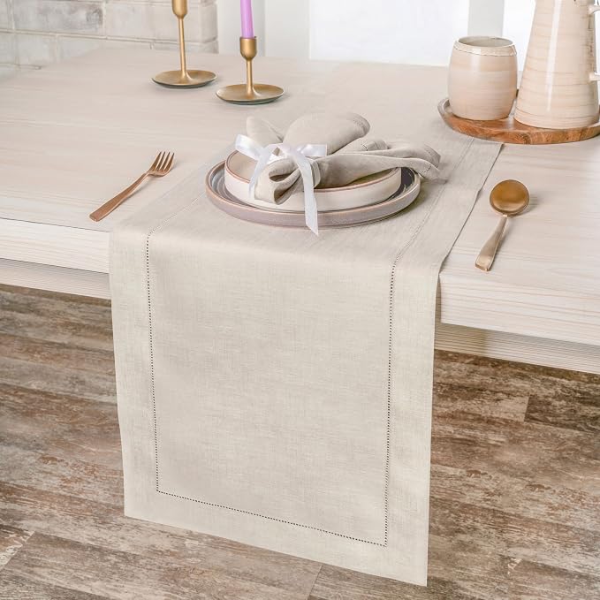 D'Moksha Homes Linen Light Natural Table Runner 120 Inches Long - Image 2