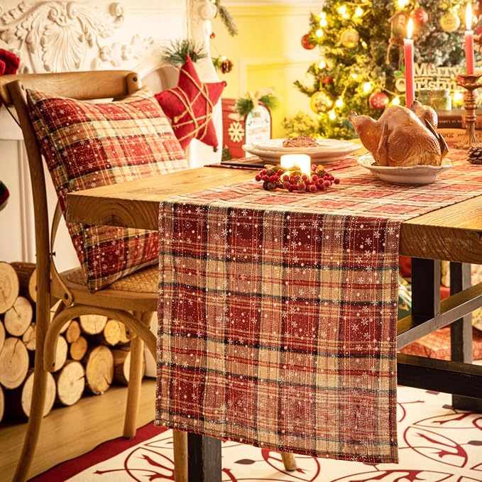 Red Plaid Snowflake Christmas Table Runner, Winter Holiday Table Runners 72 - Image 7