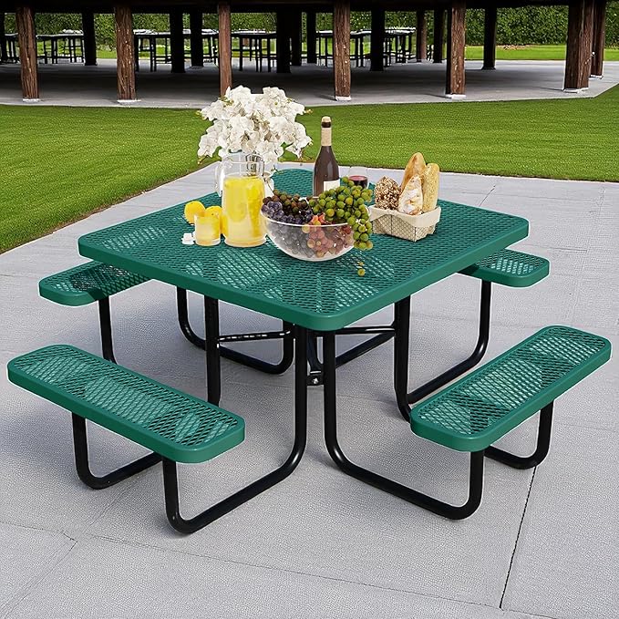 46" Square Picnic Table for Outside, Heavy Duty Metal Picnic Table Bench Set by HIMcup