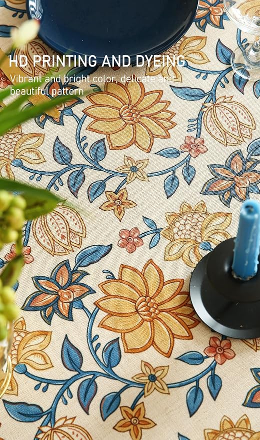 ISAENNE Designer Bohemian Floral Rectangular Tablecloth, Linen Colorful Table - Image 4