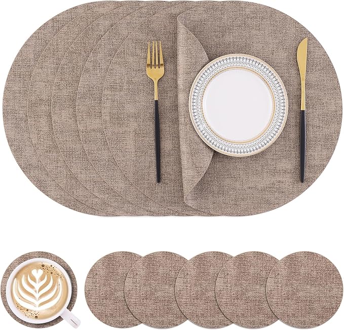 Homaxy Round Faux Leather Placemats and Coasters, Washable Dual-Side Table Mats by Homaxy
