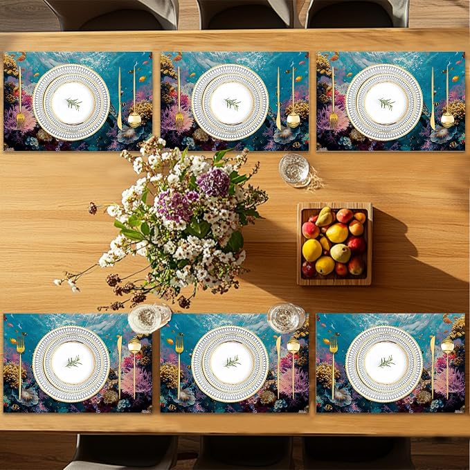 Sea Turtle Placemats Set of 6, Fish Coral Colorful Waterproof Non-Slip Washable - Image 7