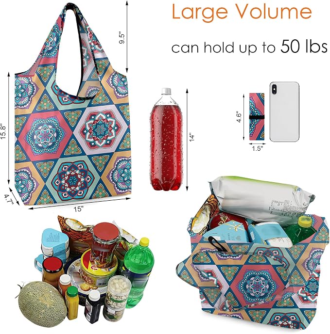 BeeGreen Boho Gifts for Women Geometric Reusable Grocery Bags Mandala Shopping - Image 2