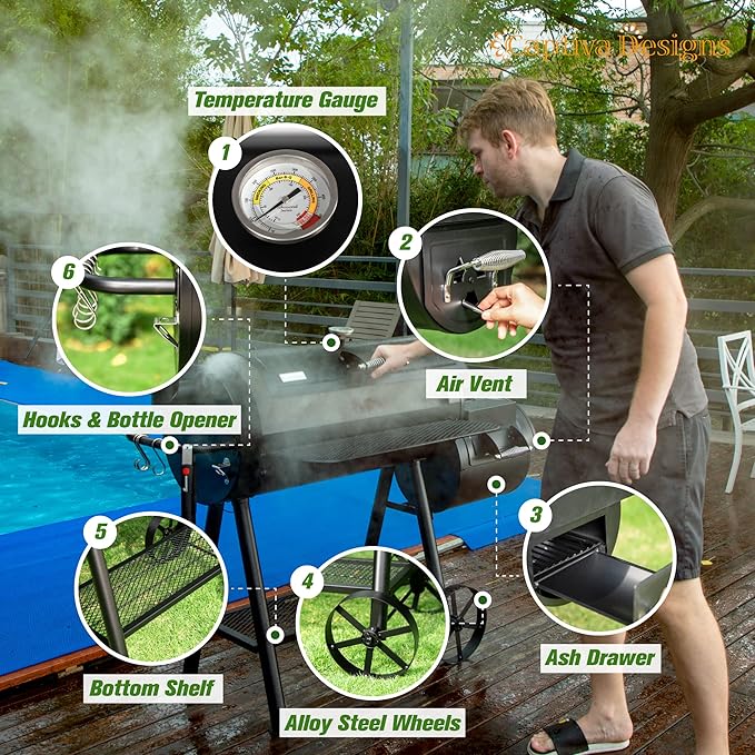 Captiva Designs Heavy Duty Outdoor Smoker, Extra Large Cooking Area Offset - Image 5