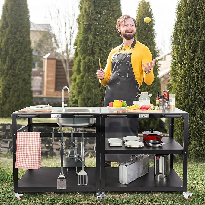 35” Outdoor Grill Cart with Sink, Outdoor Kitchen Sink Station with Hose Hook Up - Image 9