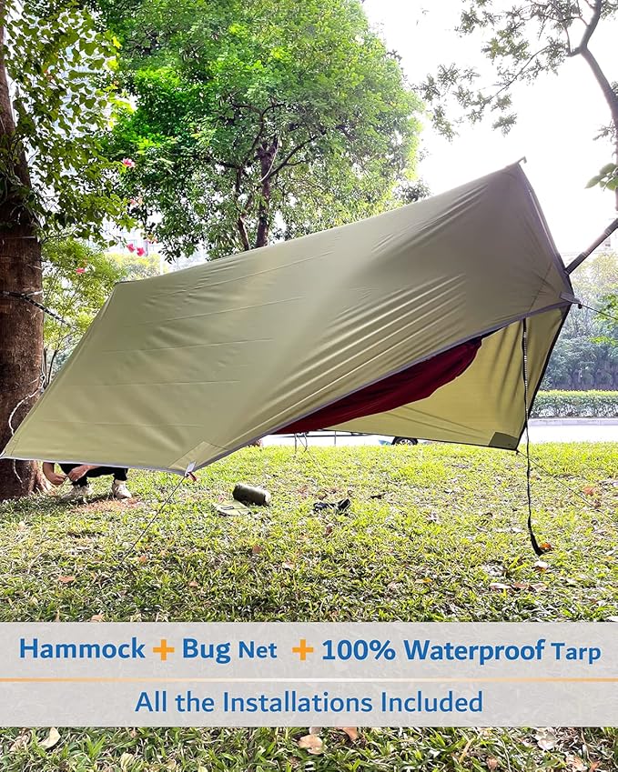 Camping Hammock with Rain Fly and Insect Net, Green Nylon Oxford