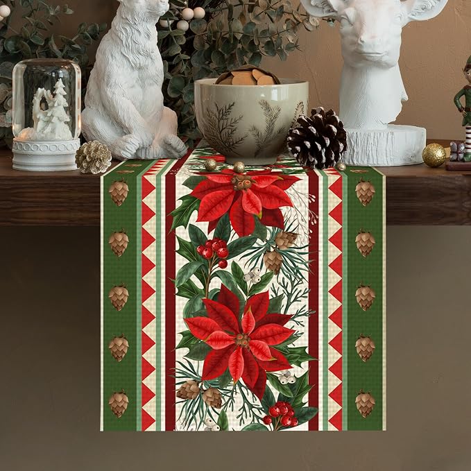Christmas Flower Table Runner Burlap Kitchen Dining Linen Table Decoration - Image 5