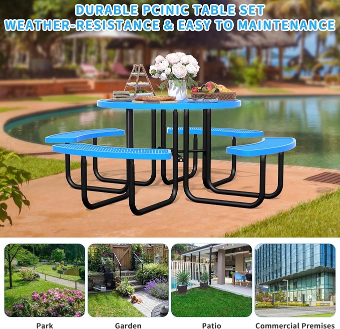 46'' Round Metal Picnic Table for Outdoors, Commercial Steel Metal Picnic Tables - Image 7