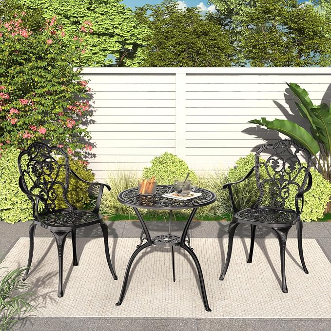 Patio Bistro Set of 2, Cast Aluminum, Outdoor Set w/Umbrella Hole, 3 Piece - Image 7