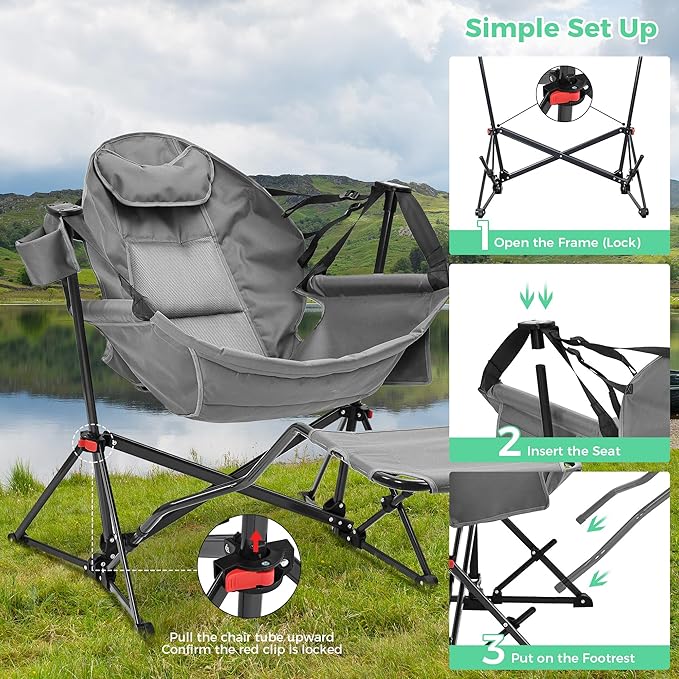 Camping Chair with Detachable Footrest, Grey Polyester Recliner