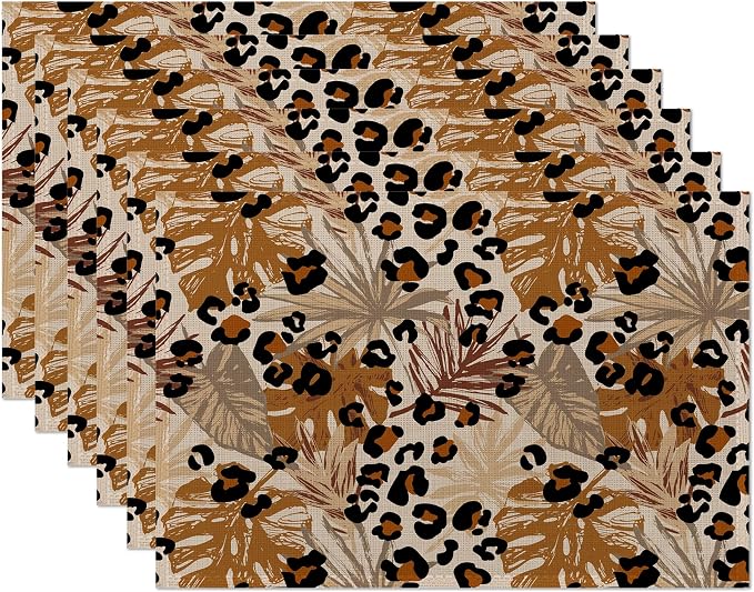 Black Brown Leopard Placemats Set of 6, Tropical Palm Leaves Place Mats Heat by CIAIDU