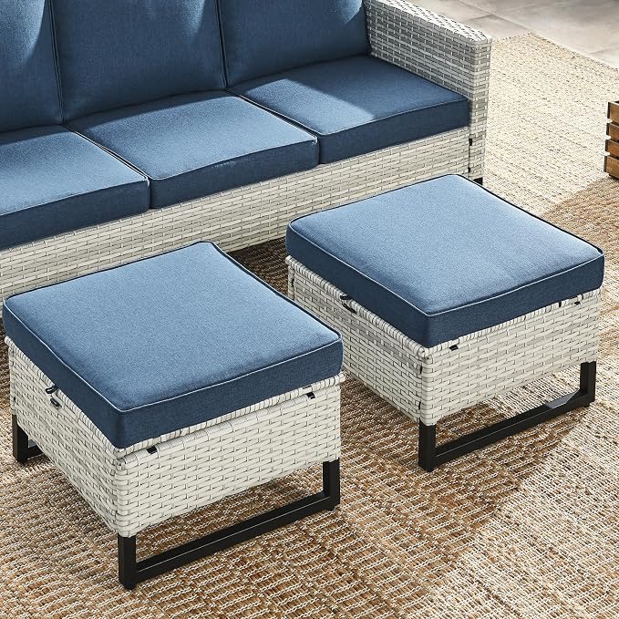 HUMMUH Outdoor Ottomans for Patio Set of 2 PE Wicker Outdoor Footstool - Image 2