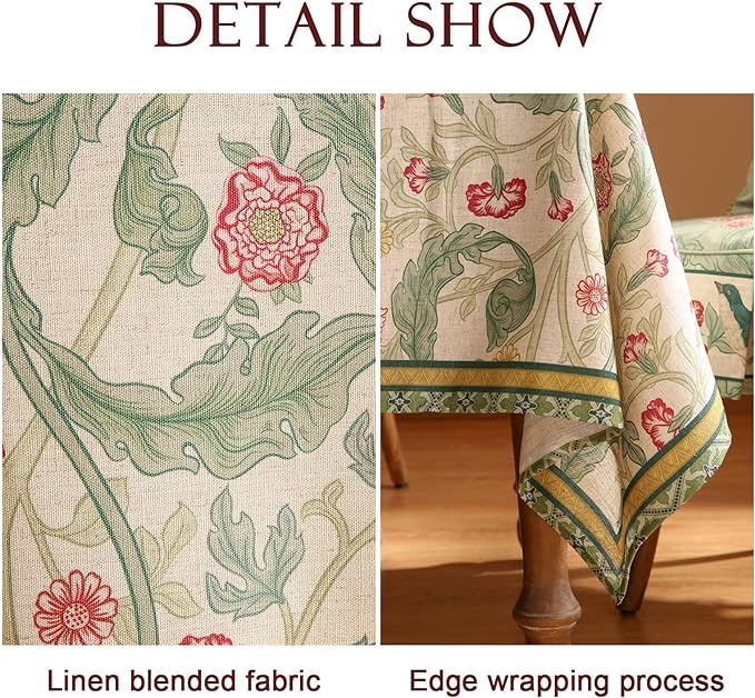patdrea Designer Linen Green Square Tablecloth, Leaves Pattern Floral Durable - Image 4