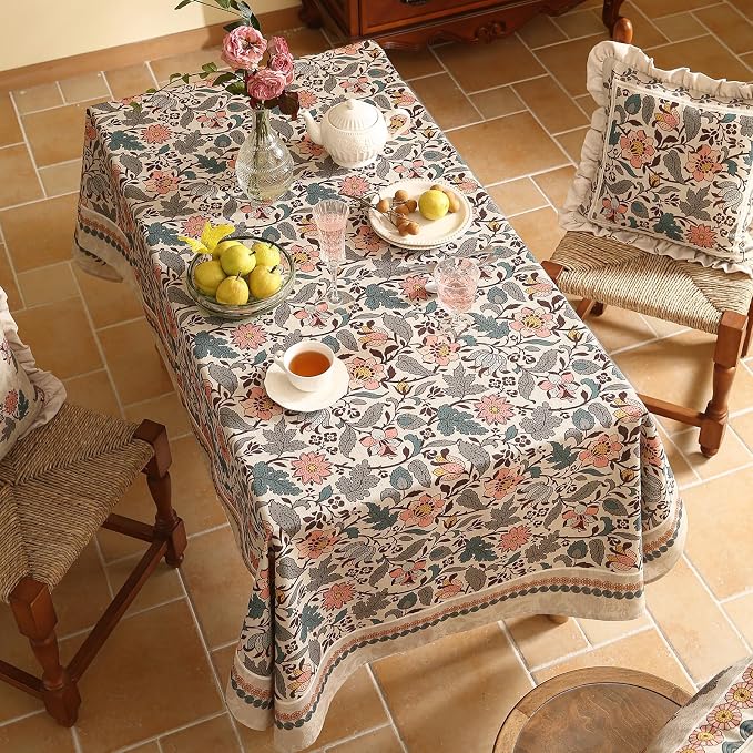 ISAENNE Designer Boho Floral Square Tablecloth, Linen Lotus Flower Pattern - Image 4
