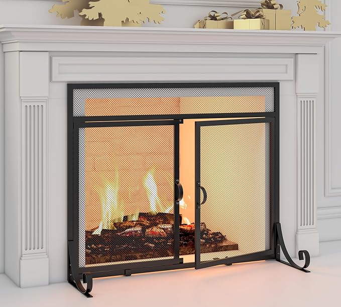 Flat Fireplace Screen with Doors, Solid Wrought Iron Frame with Metal Mesh - Image 3