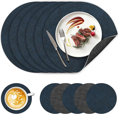 13" Round Placemats Set of 6, NCUE Dual-Sided Faux Leather Heat Resistant Table by NCUE