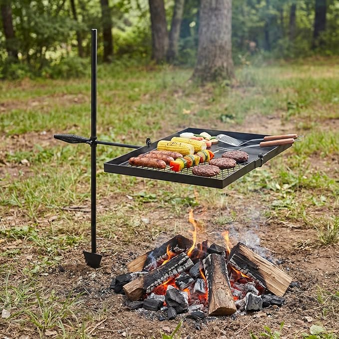 Folding Swivel Campfire Grill, Portable 2-in-1 Cooking Grate & Grill Pan - Image 9